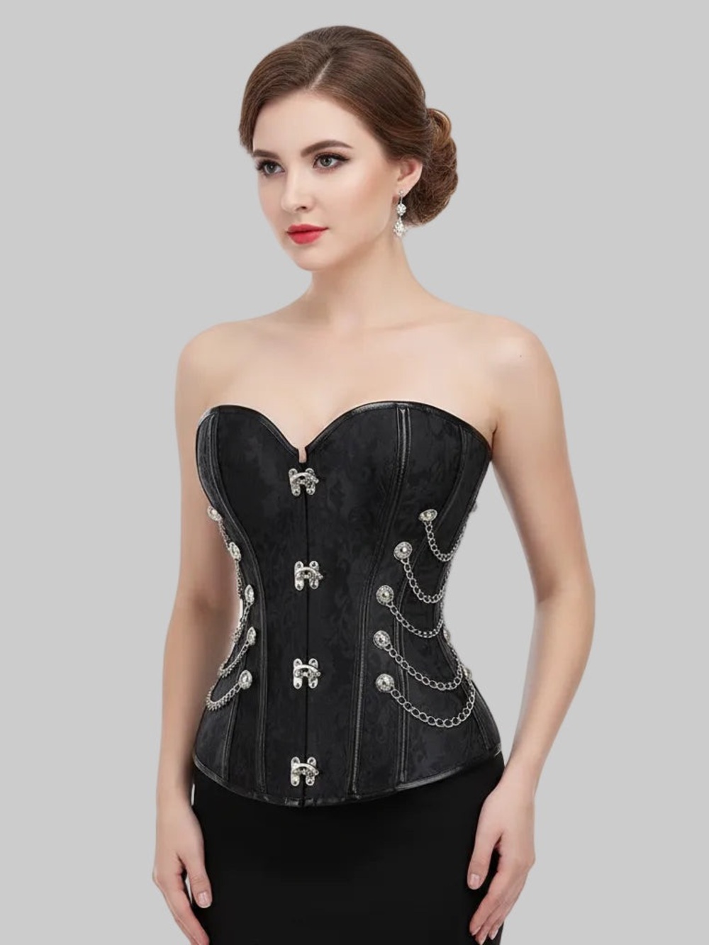 Charmian Gothic Steampunk Chain Corset Bustier Black Brocade Size M
